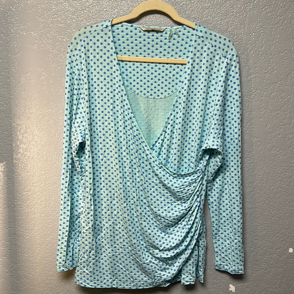 Soft Surroundings Long Sleeve V-Neck Faux Wrap Blue Polka Dot Knit Top Size XL